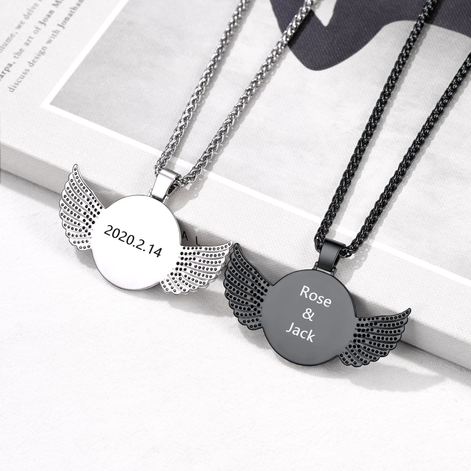 Customized Picture Circle Chain Necklace With Angel Wing Memorial Gift for
