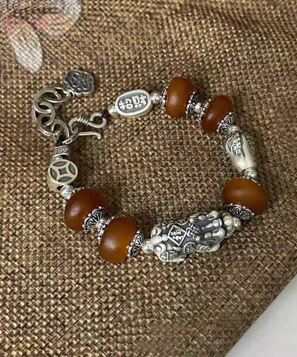 Chinese Style 999 Pure Silver Amber a Mythical Wild Animal Charm Bracelet