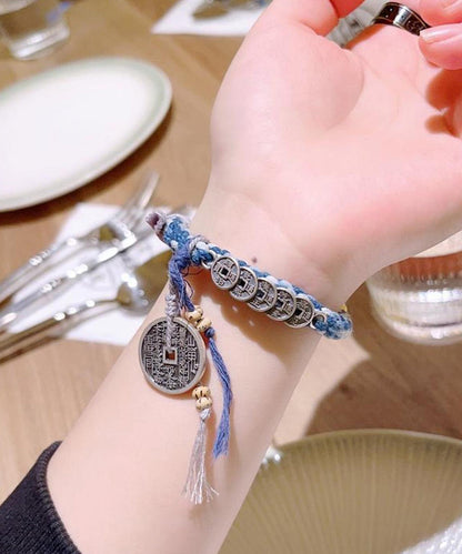Retro Blue Sterling Silver Weave Five Emperor Coins Charm Bracelet