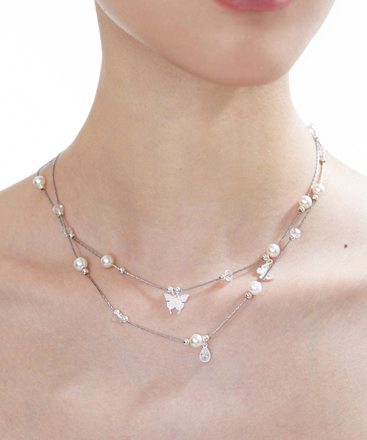 Original White Butterfly Crystal Pearl Double Layered Adjustable Silver Necklace