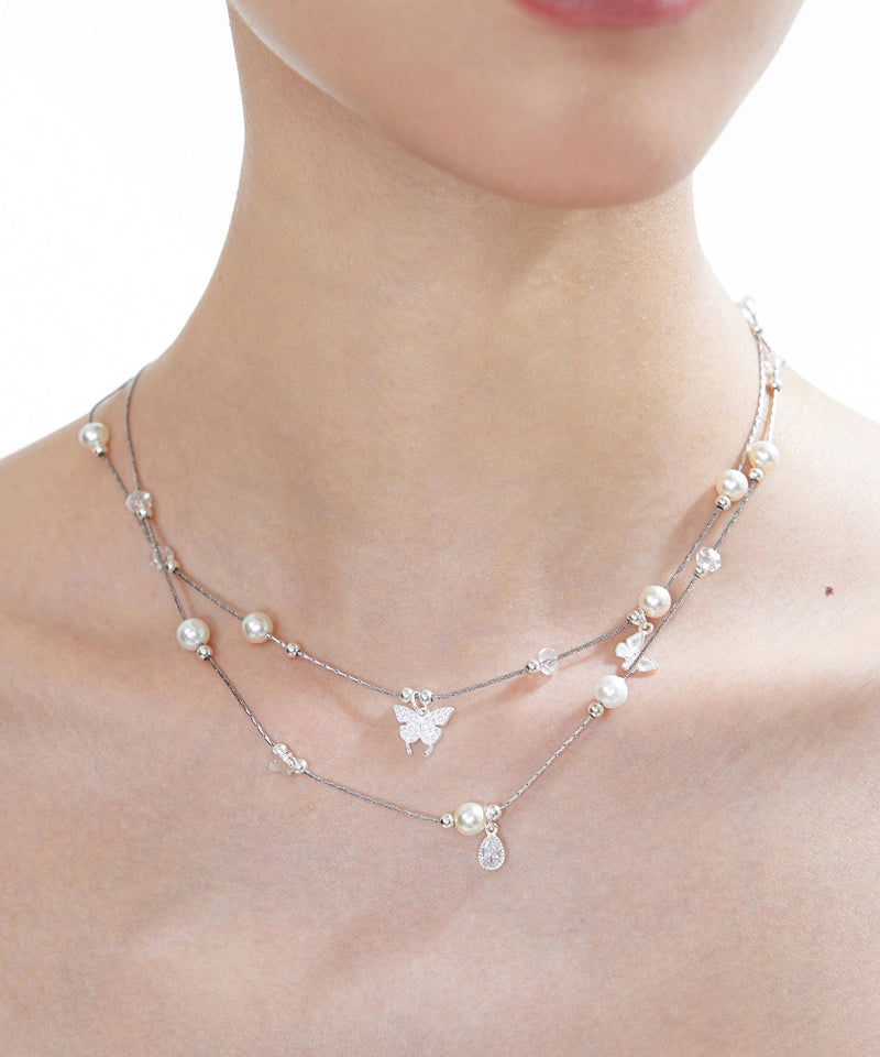 Original White Butterfly Crystal Pearl Double Layered Adjustable Silver Necklace
