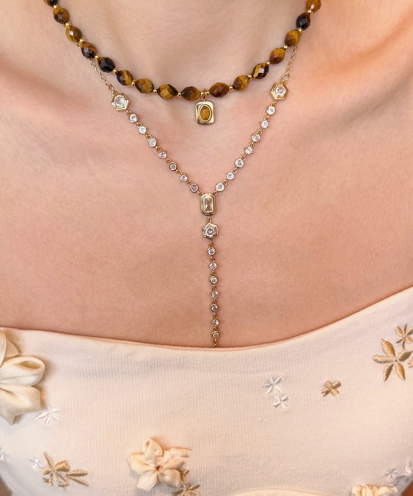 Brown Tiger's Eye Zircon Tassel Layering Titanium Steel Two Piece Set Necklace
