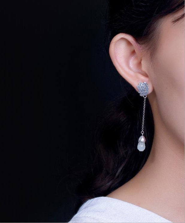 Sterling Silver Inlaid Jade Butterfly Drop Earrings