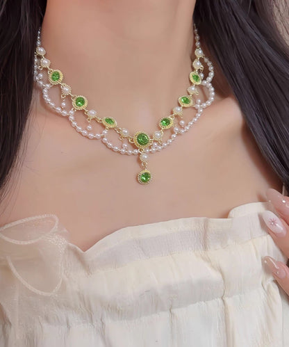 Green Alloy Crystal Pearl Lace Double-layer Pendant Necklace