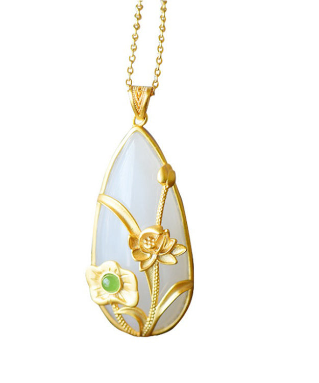 Gold Sterling Silver Overgild Inlaid Jade Lotus Water Dro Pendant Necklace
