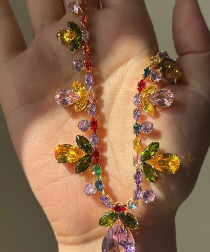 Diy Rainbow Alloy Crystal Leaf Water Droplet Pendant Necklace