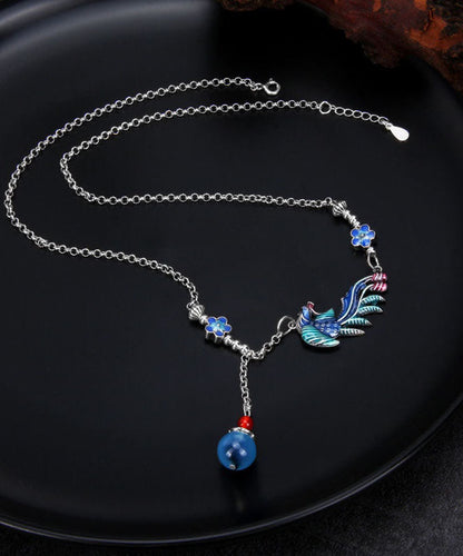 Blue Sterling Silver Cloisonne Phoenix Tassel Pendant Necklace