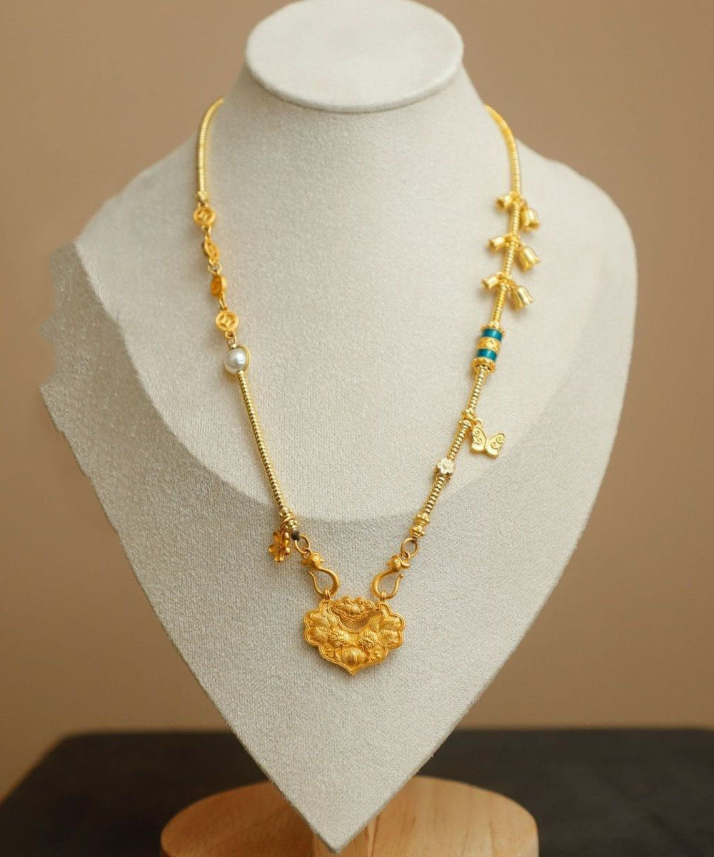 Fine Ancient Gold Butterfly Peal Pendant Necklace