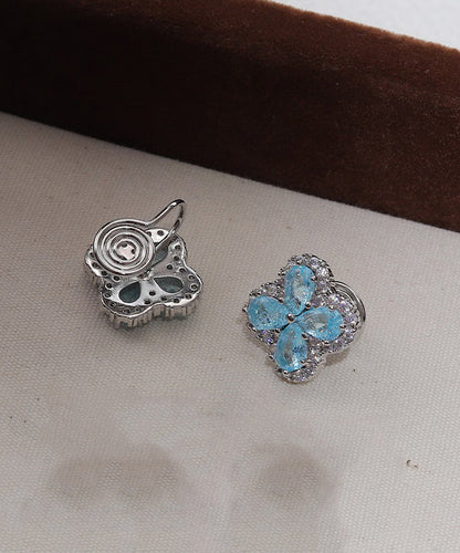 Fine Blue Alloy Zircon Ice Flower Four-leaf Clover Stud Earrings
