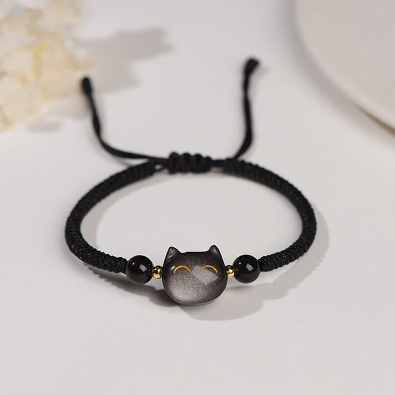 Buddha Stones Handmade Natural Silver Sheen Obsidian Strawberry Quartz Cat Protection Braided Bracelet