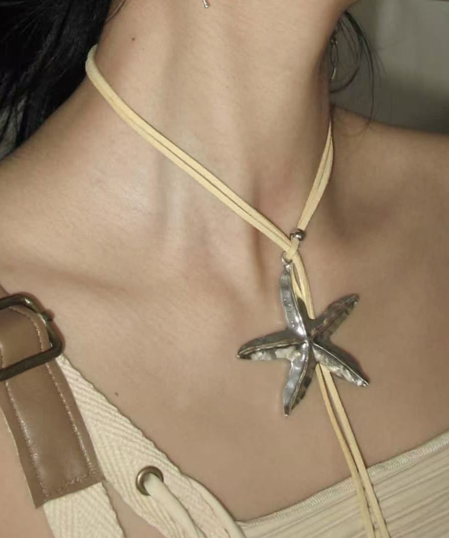 Light Yellow Alloy Leather Starfish Pendant Necklace