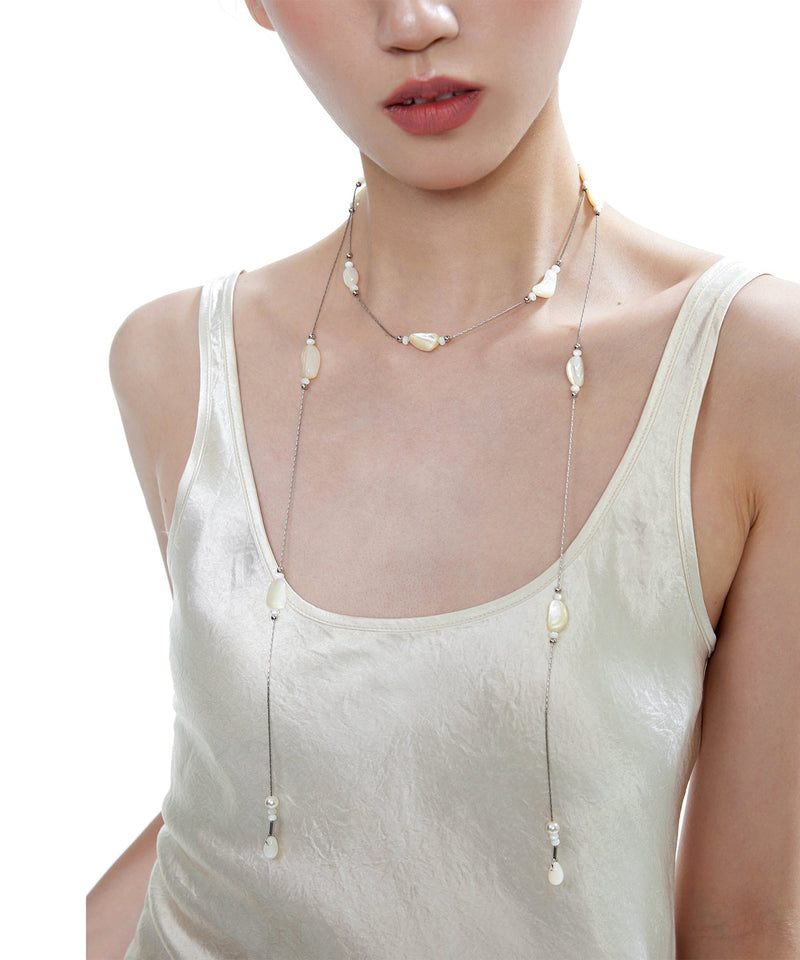 Beige Asymmetric Pearl Double Chain Alloy Necklace