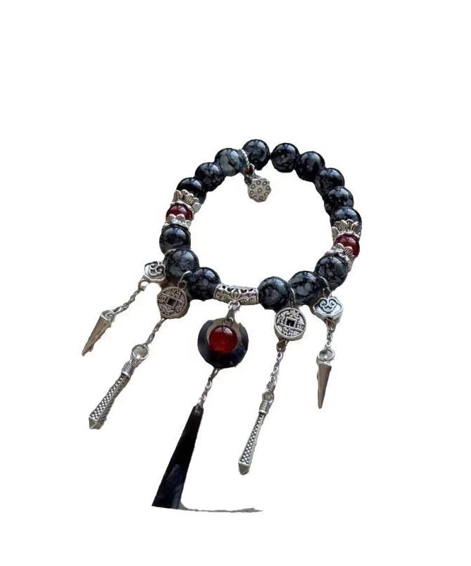 Boutique Black Sterling Silver Crystal Gem Stone Tassel Charm Bracelet