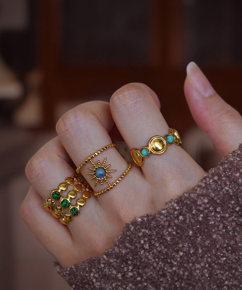 Gold Sterling Silver Overgild Turquoise Gem Stone Ring Three Piece Set Ring