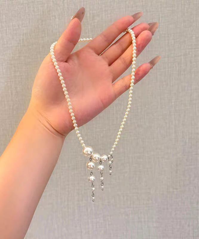 Classy White Stainless Steel Pearl Tassel Pendant Necklace