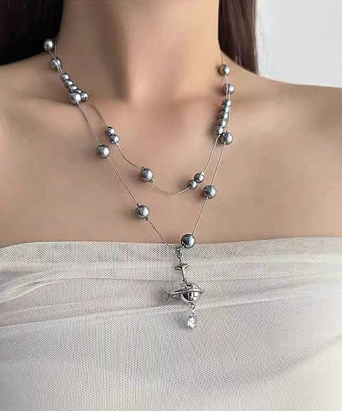 Grey Copper Alloy Double-layer Pearl Spaceship Pendant Necklace
