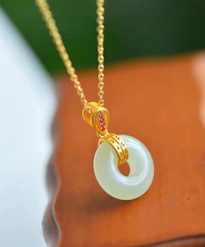 Gold Stainless Steel Alloy Jade Zircon Pendant Necklace