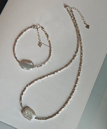 Silver Asymmetric Pearl Adjustable Two Piece Set Pendant Necklace
