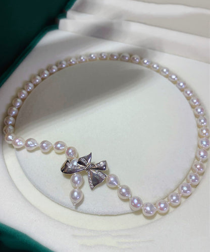 White Pearl Bow Zircon Pendant Necklace