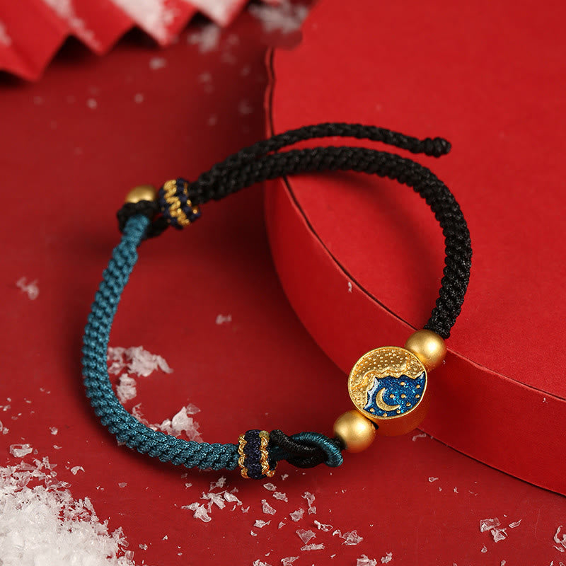 Buddha Stones Handmade Mountain and Sea Engraved Luck Two-color String Couple Bracelet