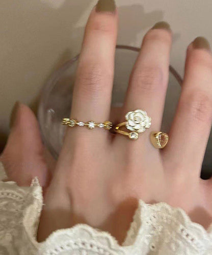 Camellia Heart Ring Design Open Adjustable Finger Two-piece Set