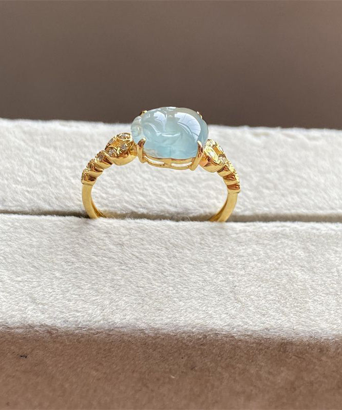 Chinese Style Blue Sterling Silver Overgild Zircon Crystal a Mythical Wild Animal Rings