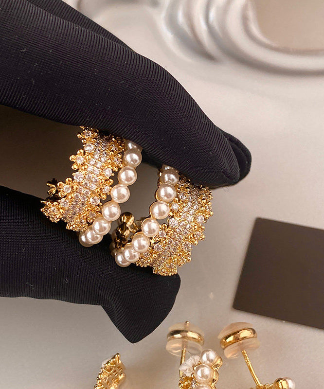 Fine Gold Zircon Pearl Copper Stud Earrings