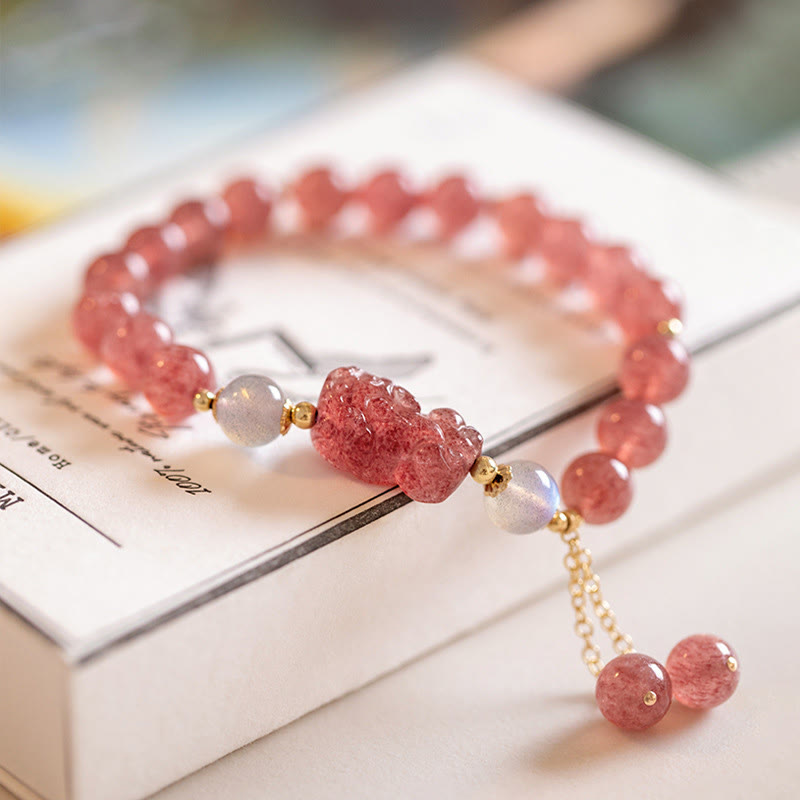 Buddha Stones Natural Strawberry Quartz Moonstone Pixiu Love Healing Bracelet