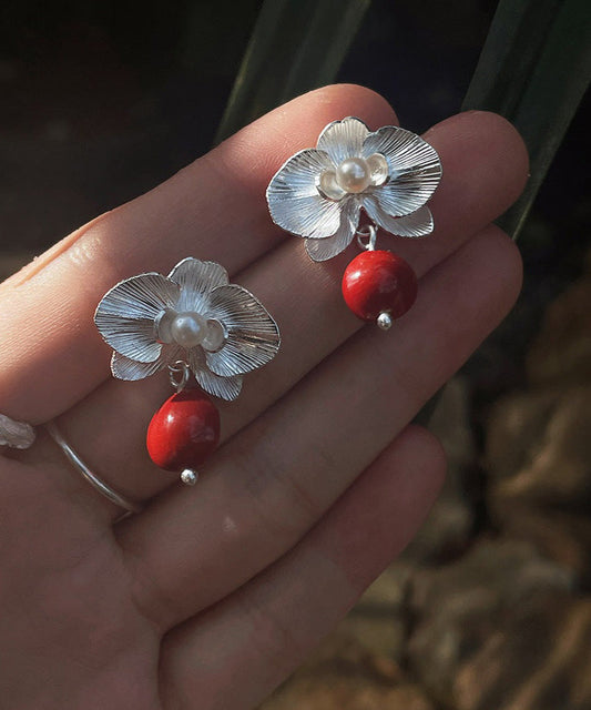 Fine Red Sterling Silver Pearl Red Beans Drop Earrings