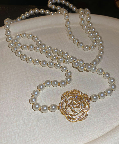 Simple White Copper Zircon Pearl Camellia Sweaters Pendant Necklace