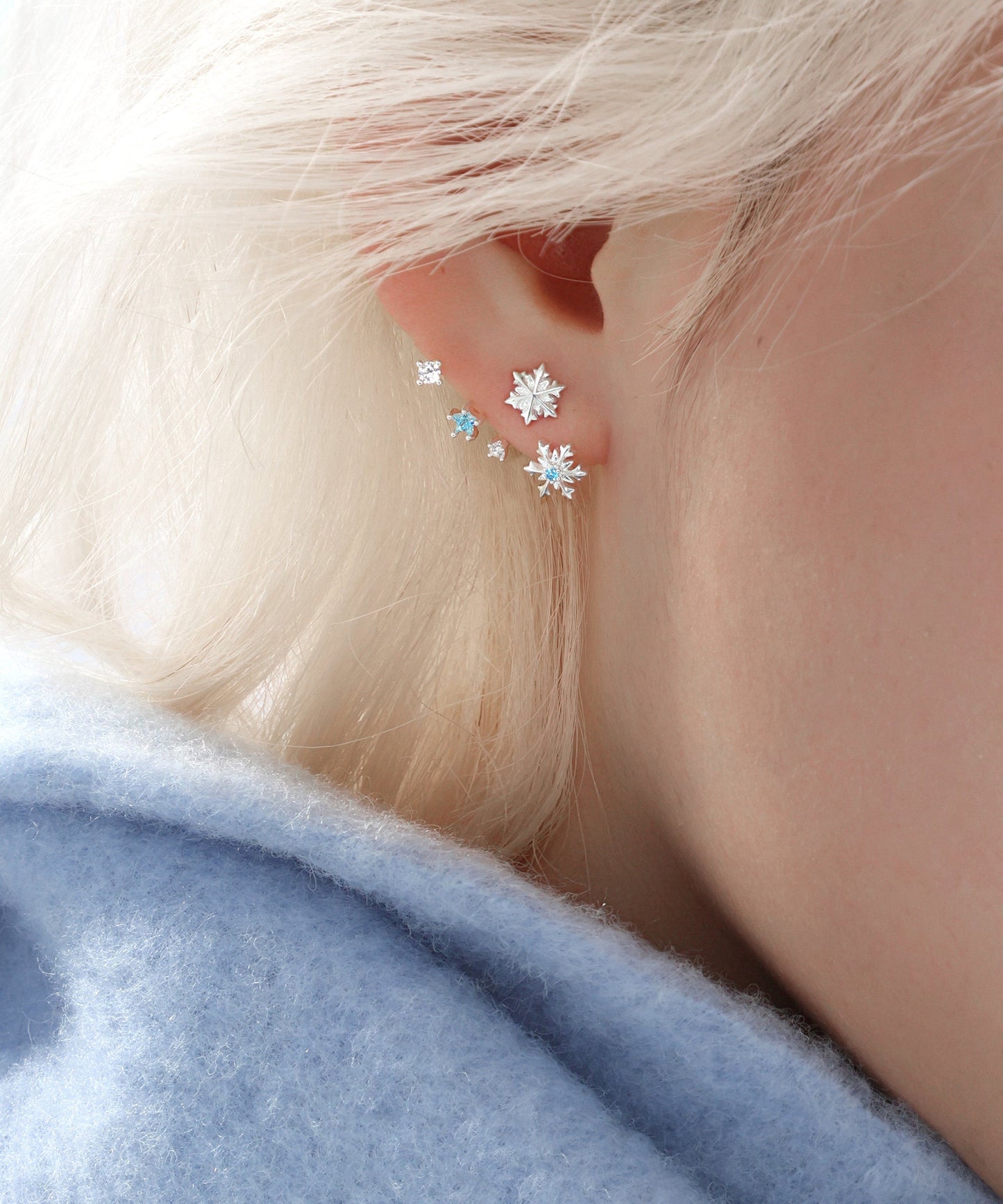 Silvery Snowflake Metal Fine Zircon Stud Earrings