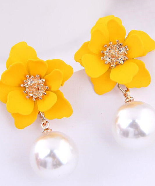 Temperament Female Yellow Metal Imitation Pearl Jewelry Drop Earrings