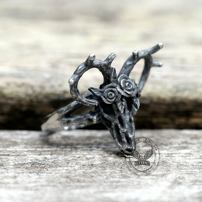 Deer and Rose Stainless Steel Skull Ring