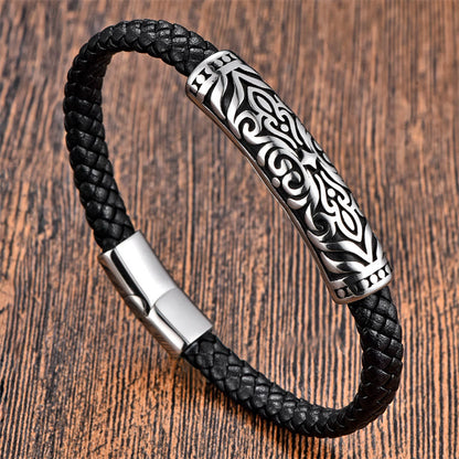 Double Layer Titanium Steel Leather Bracelet With Flower Pattern | Strength and Balance