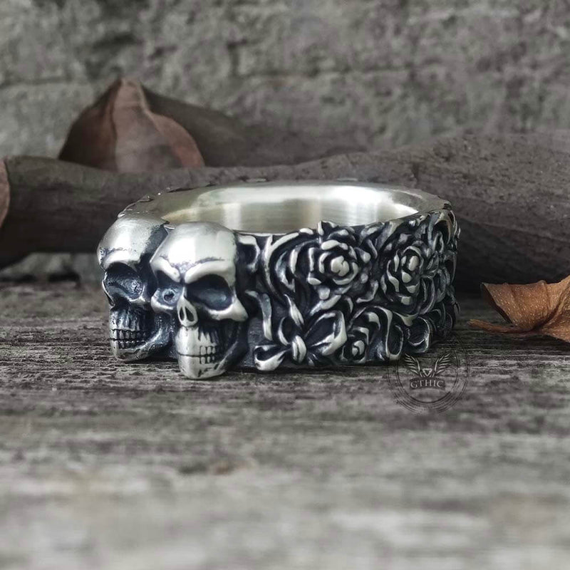 Double Skull Rose Vine Sterling Silver Ring