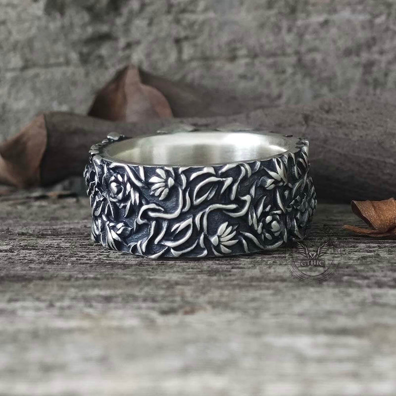 Double Skull Rose Vine Sterling Silver Ring