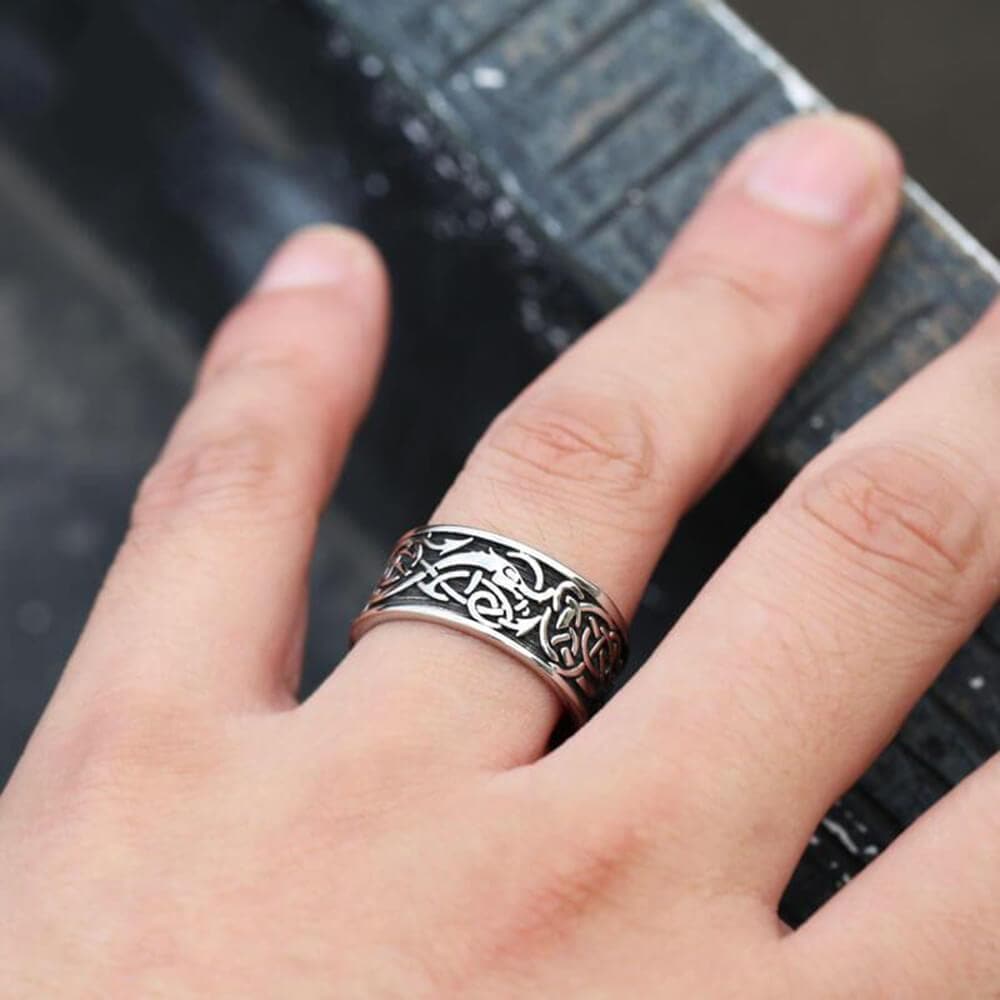 Dragon Head Celtic Knot Stainless Steel Viking Ring