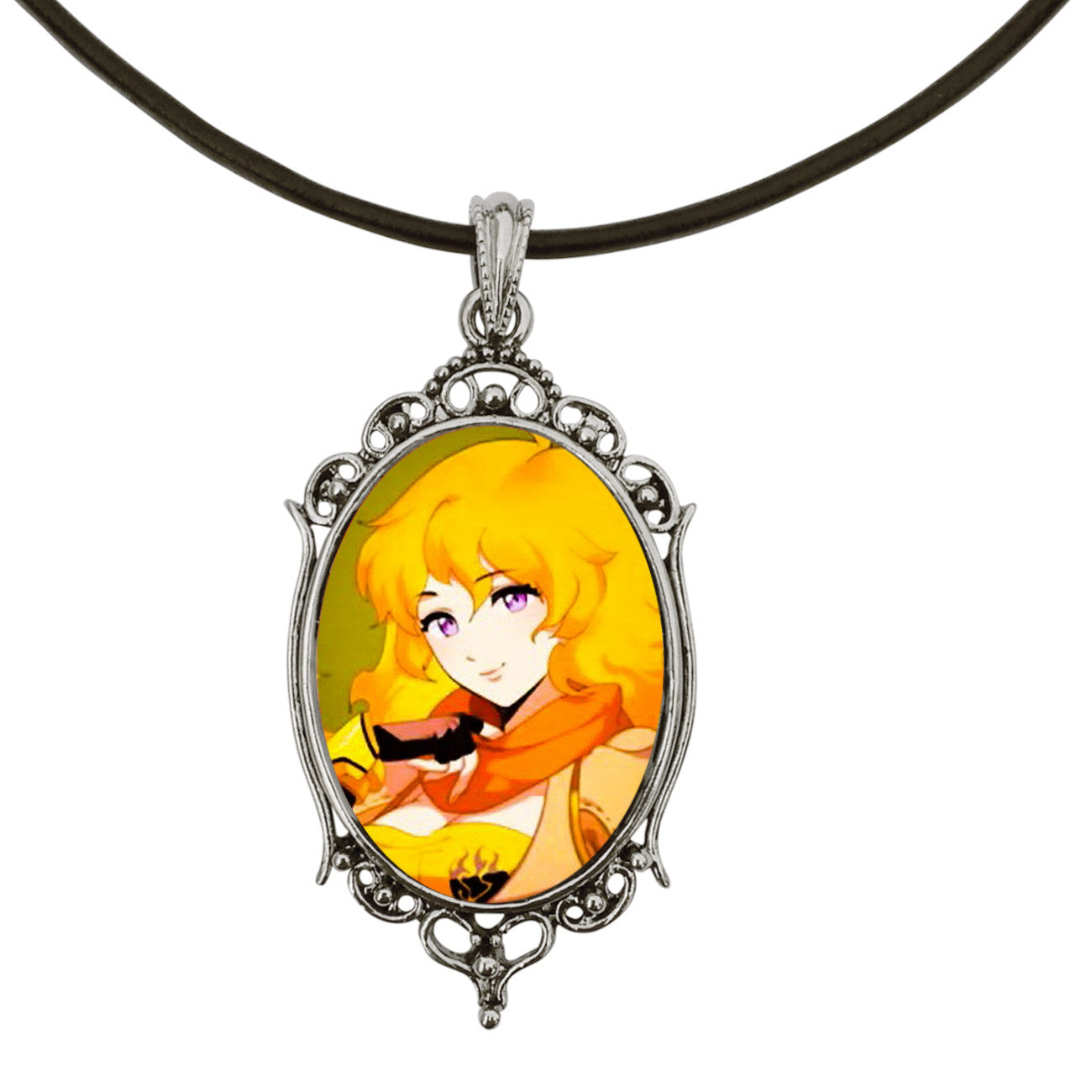 Yang Portrait From Rwby Anime Antique Silver Cameo Pendant on 18" Black Leather Cord Necklace