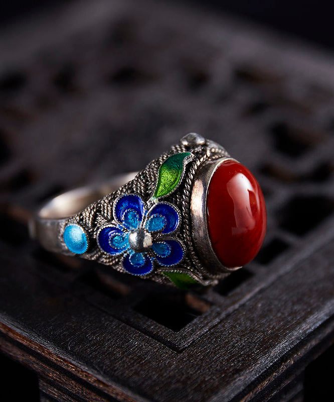 Retro Red Sterling Silver Agate Cloisonne Rings