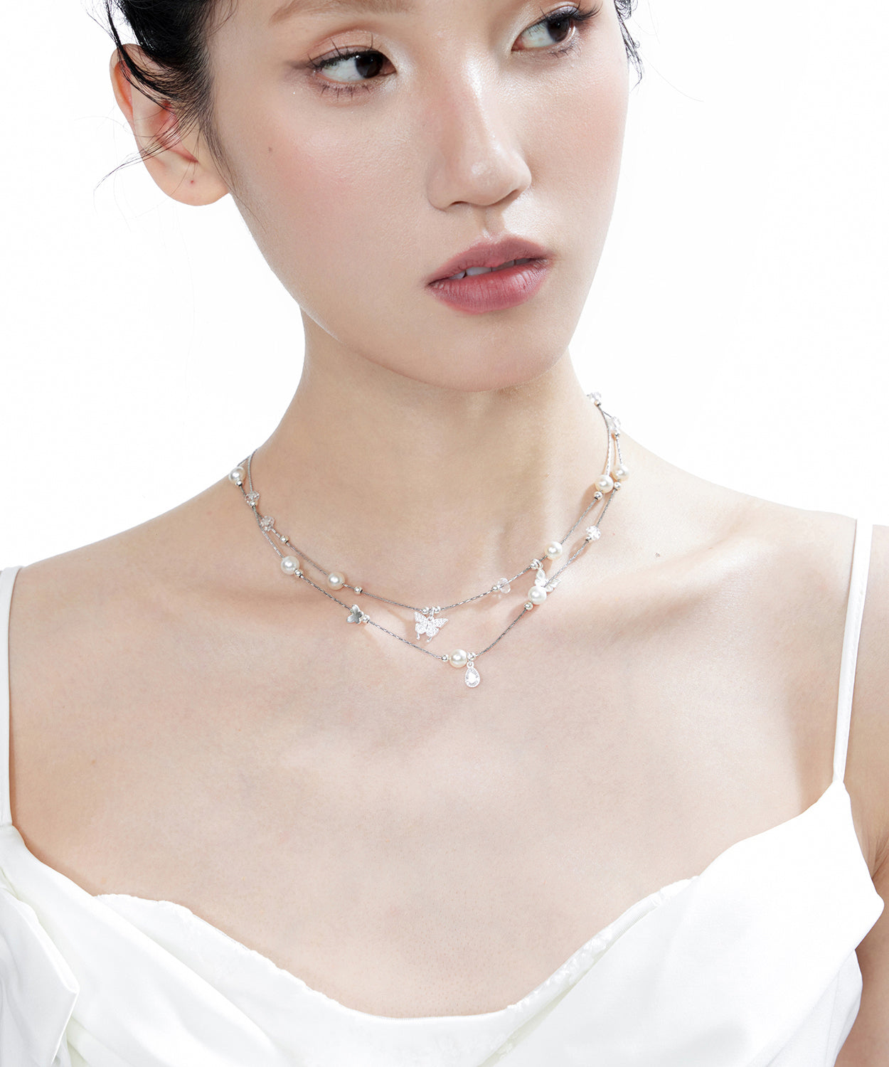Original White Butterfly Crystal Pearl Double Layered Adjustable Silver Necklace