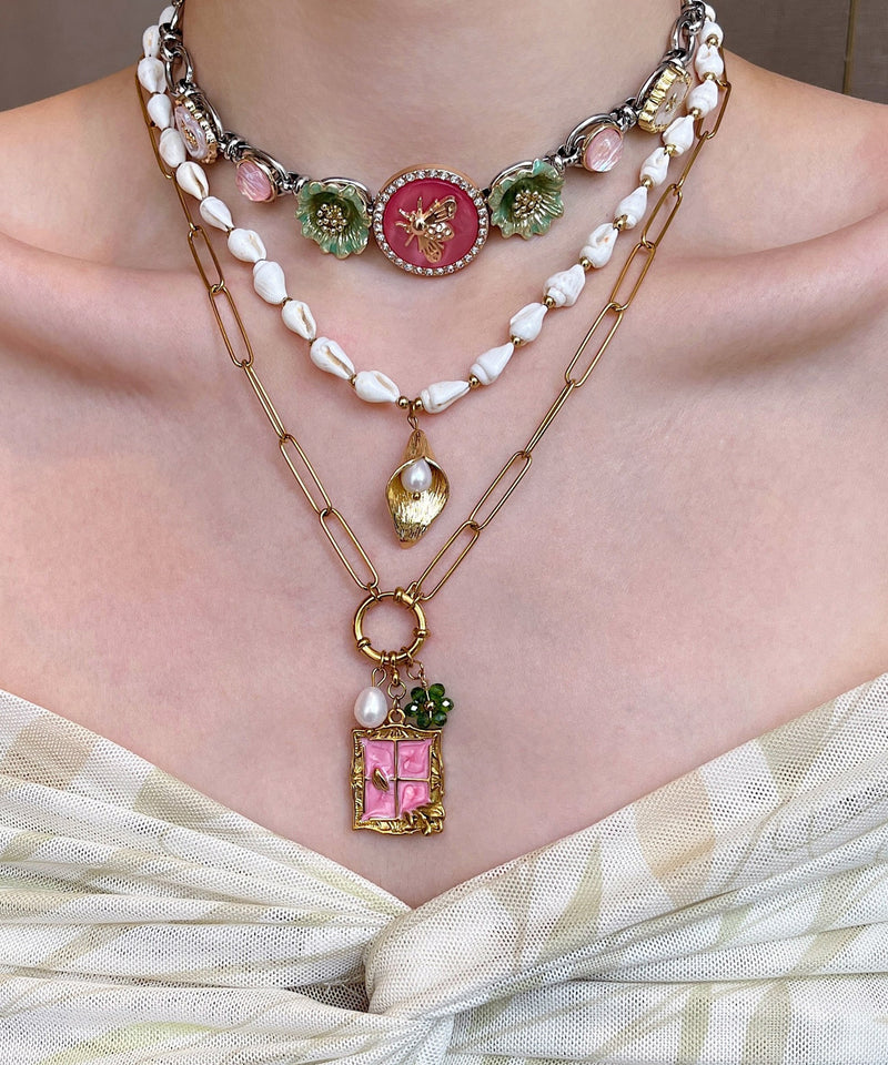 White Shell Layering Alloy Three Piece Set Pendant Necklace