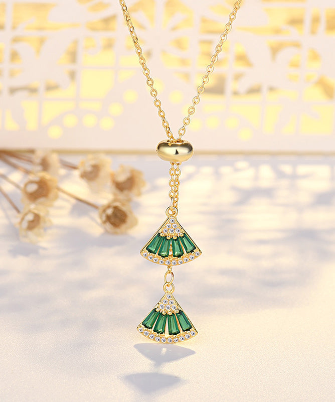 Green Copper Overgild Zircon Fan Shaped Pendant Necklace