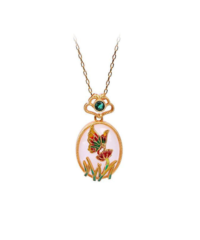 Fine Gold Copper Overgild Jade Crystal Butterfly Pendant Necklace