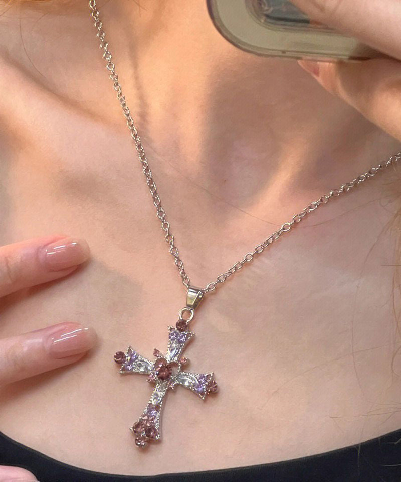 Purple Alloy Zircon Cross Lariat Necklace