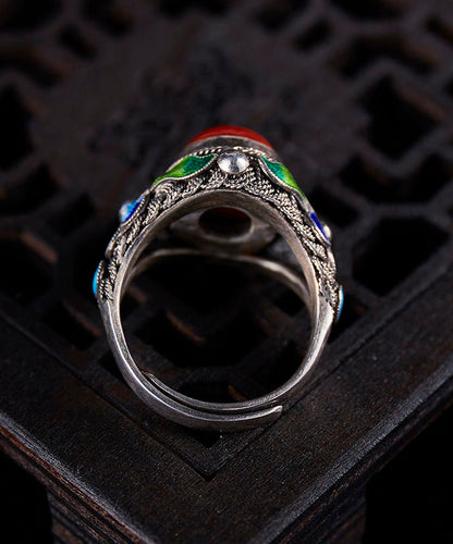Retro Red Sterling Silver Agate Cloisonne Rings