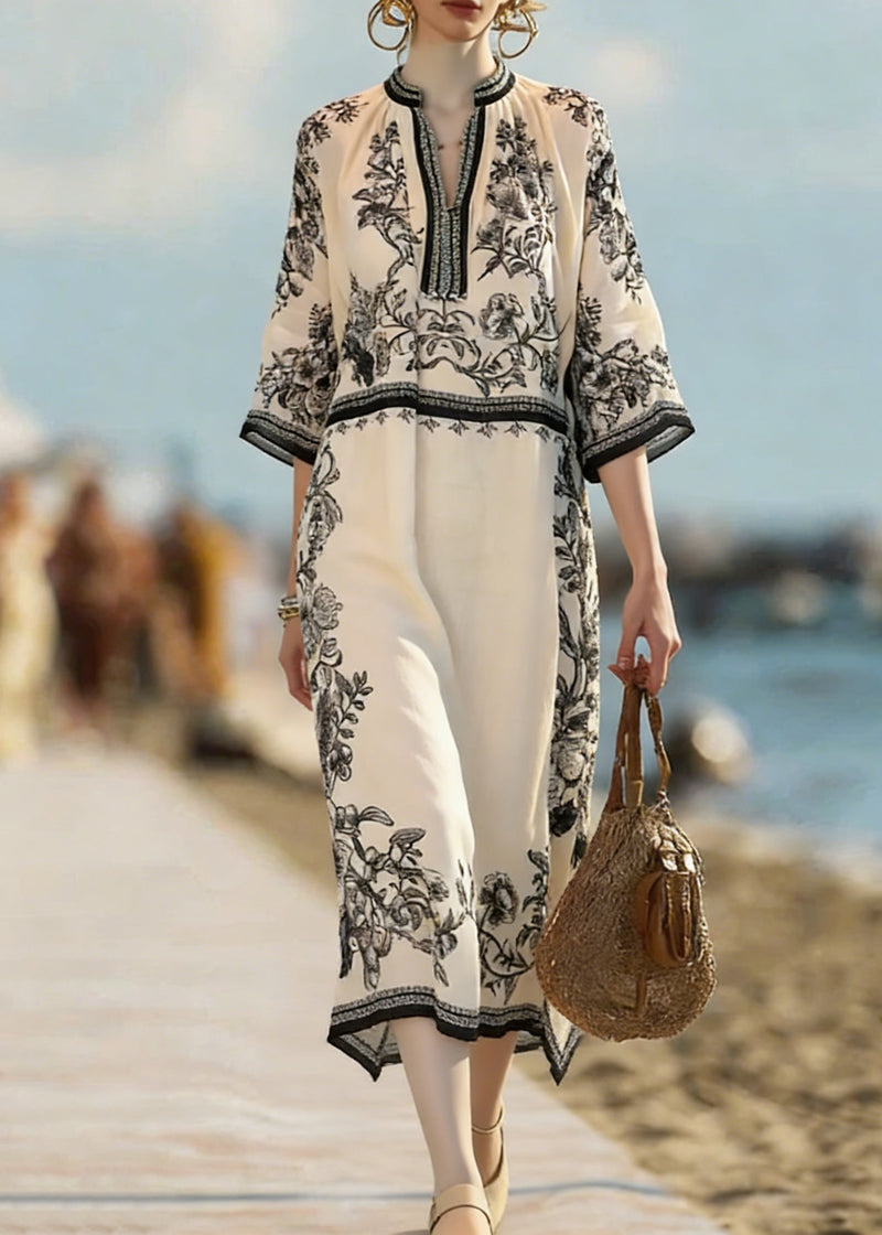 Beige Print Side Open Linen Dress Bracelet Sleeve