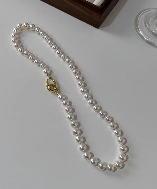 White Sterling Silver Overgild Pearl Beading Gratuated Bead Necklace