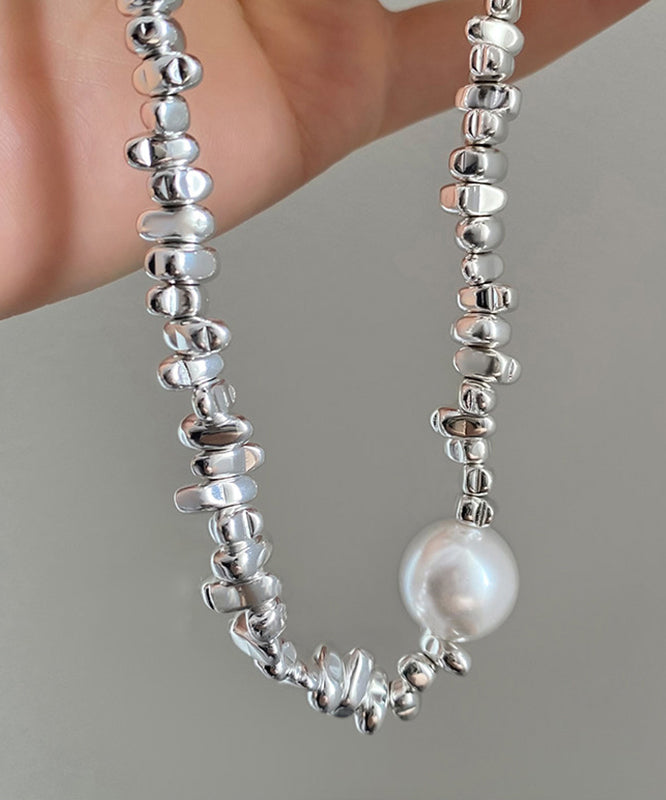 Fine Silk Stainless Steel Broken Silver Pearl Patchwork Pendant Necklace