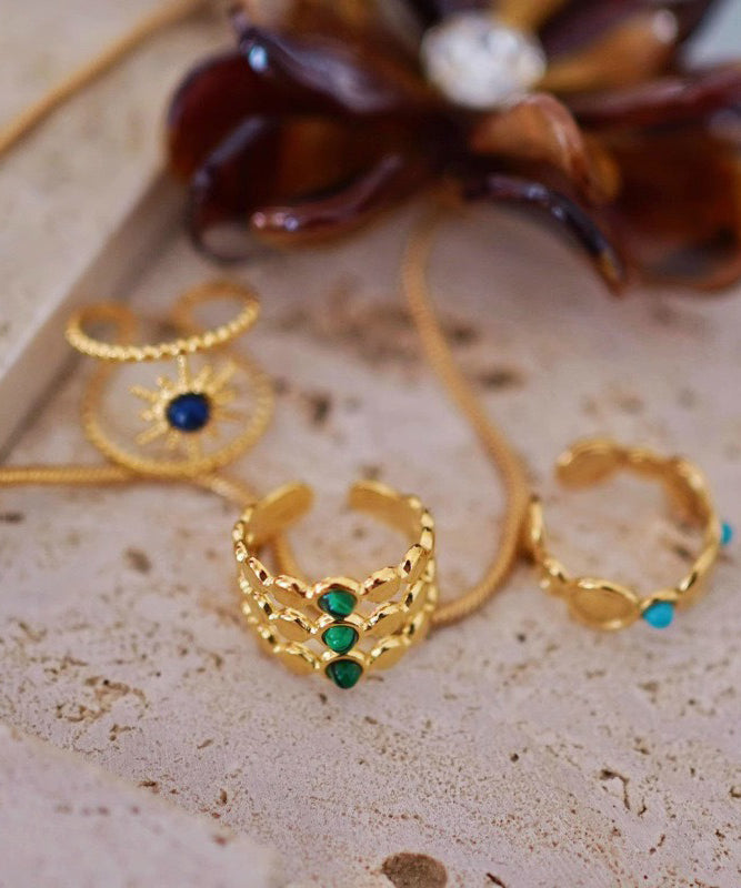 Gold Turquoise Bearded Star Gem Stone Hollow Out Three Piece Set Rings