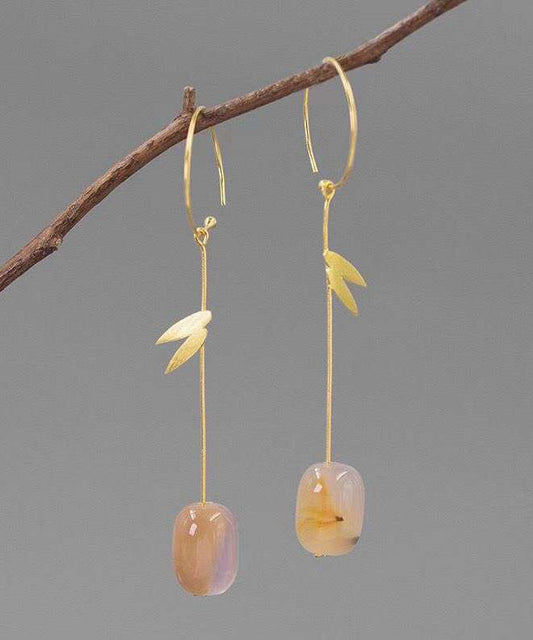 Chinese Style Gold Sterling Silver Overgild Water Drop Bamboo Leaf Drop Earrings